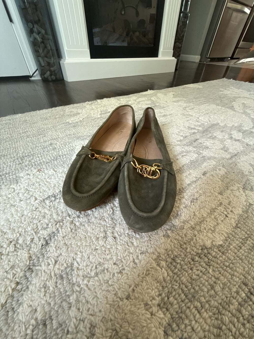 Lauren Ralph Lauren Averi Suede Slip On Loafers Olive Green with LRL Logo Chain